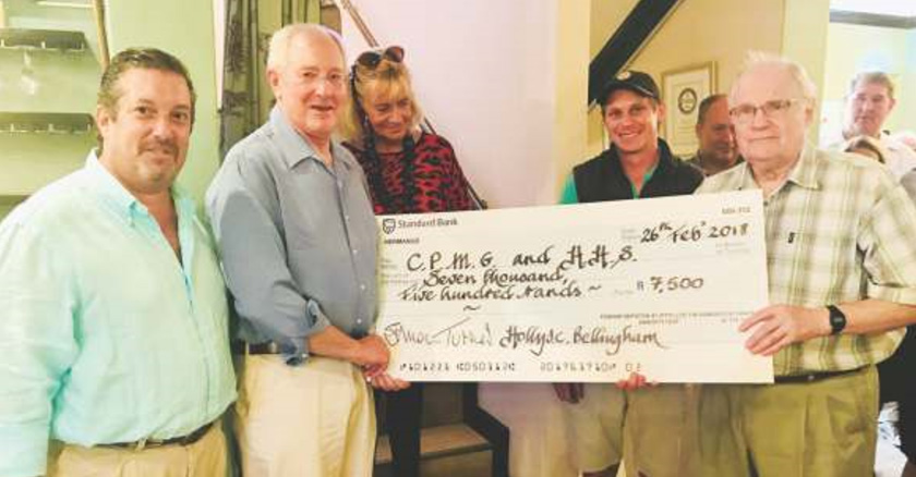 At the launch of Sumaridge’s new range of lifestyle wines last week, the Bellingham Turners handed over a cheque to the Hermanus History Society (HHS) and Cliff Path Management Group (CPMG). From left are Simon Turner, David Beattie of the CPMG, Holly Bellingham Turner, winemaker Walter Pretorius and Dr Robin Lee of the HHS.